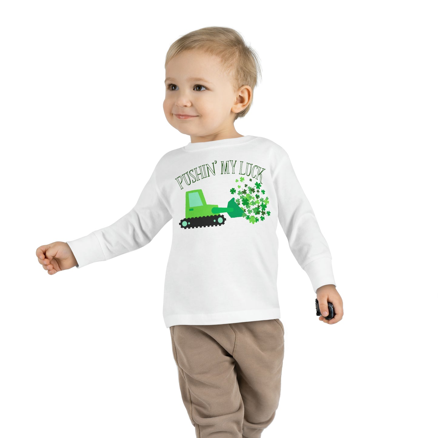 Pushin' My Luck | Bulldozer Toddler Long Sleeve Tee for St. Patrick's Day