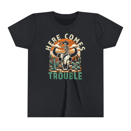 Here Comes Trouble | Cow Skull Skeleton Youth T-Shirt | Retro Western Kid's Tee