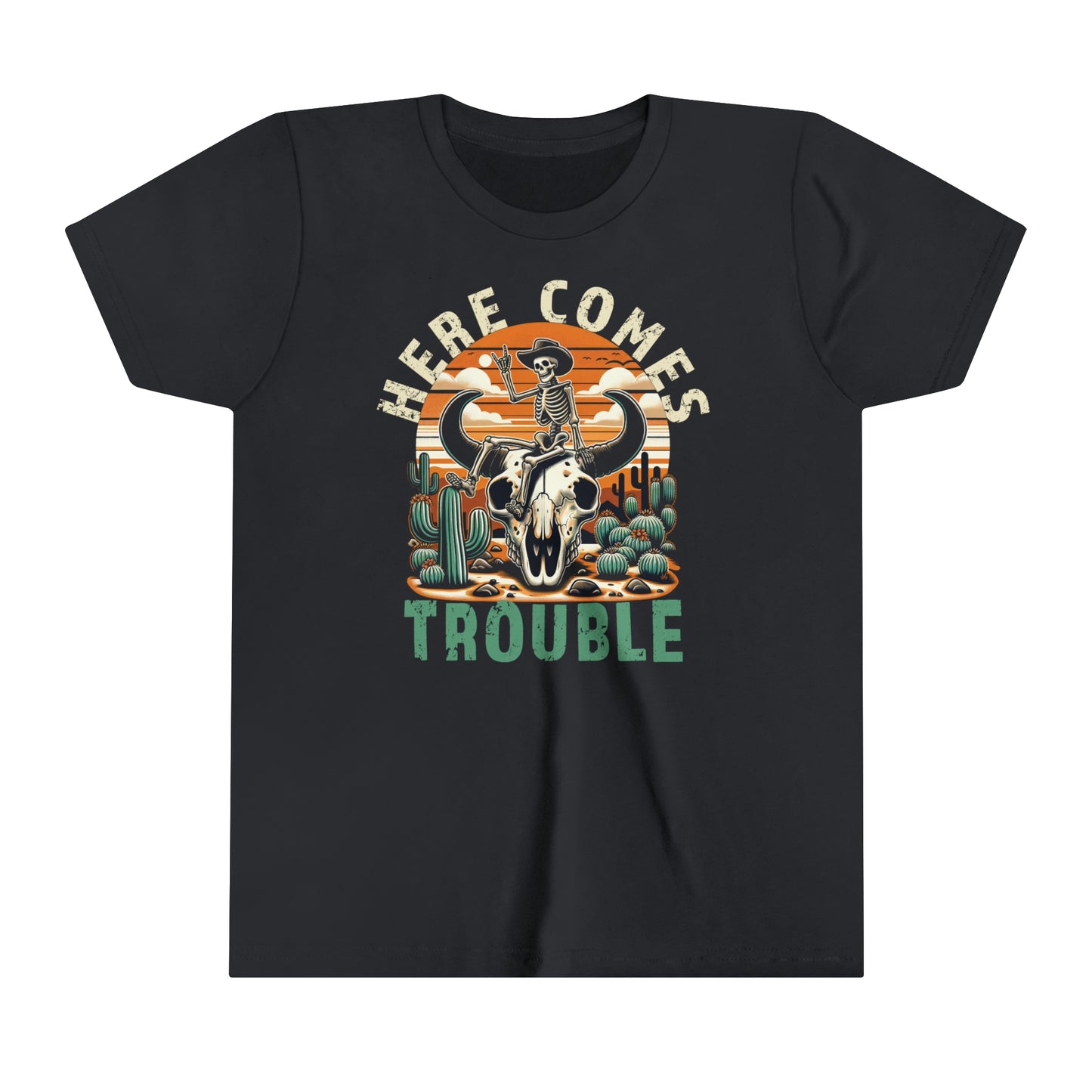 Here Comes Trouble | Cow Skull Skeleton Youth T-Shirt | Retro Western Kid's Tee