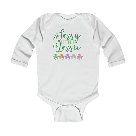 "Sassy Little Lassie" | St. Patrick's Day Baby Bodysuit for Girl | Long-Sleeve Baby BodySuit with Shamrocks