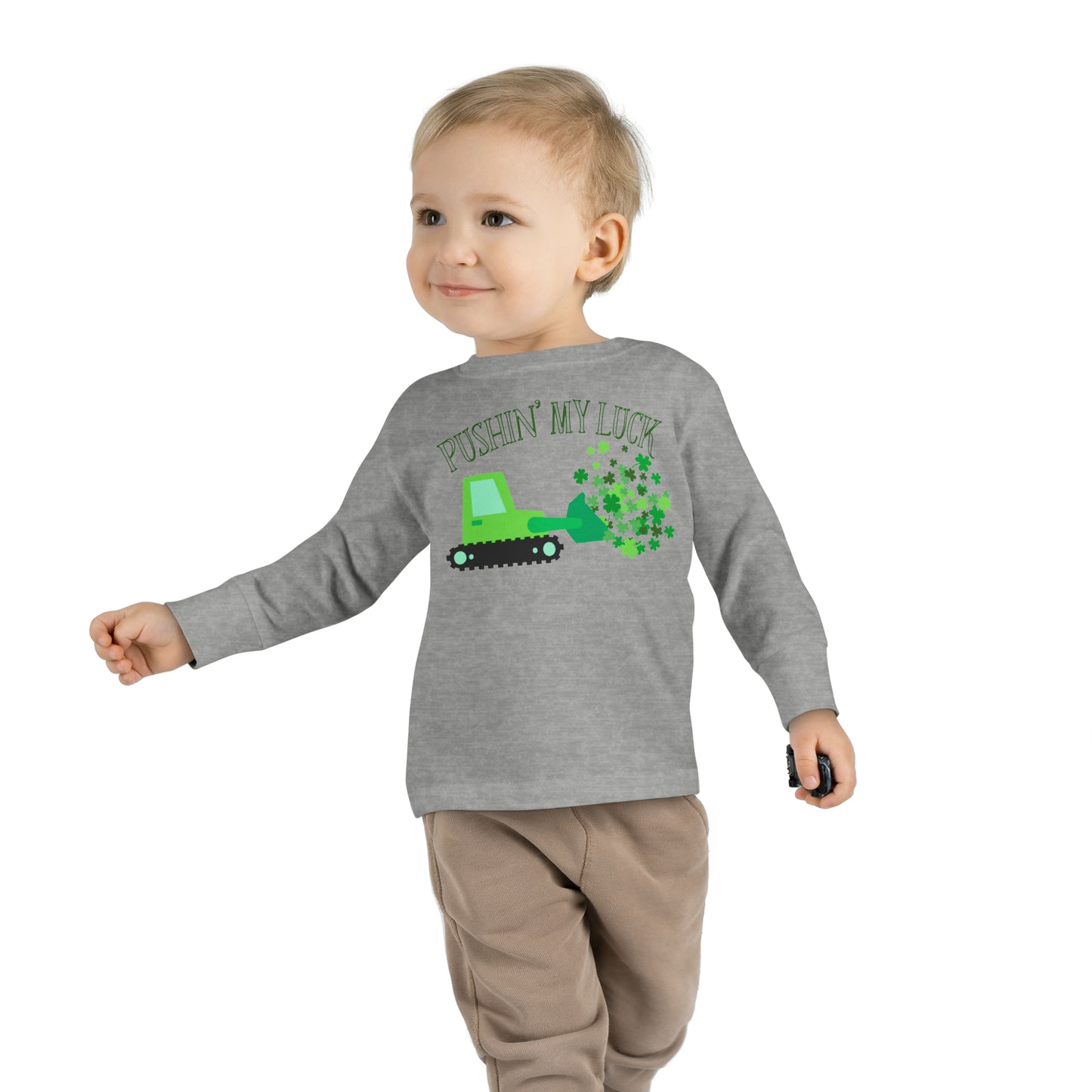 Pushin' My Luck | Bulldozer Toddler Long Sleeve Tee for St. Patrick's Day