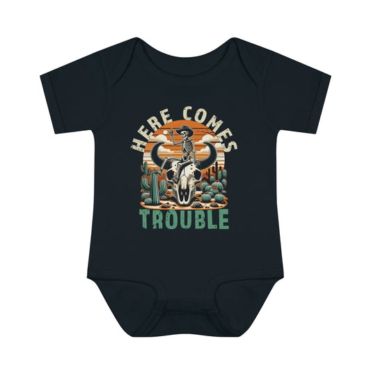 Here Comes Trouble | Baby Bodysuit | Baby Cowboy Skeleton Shirt