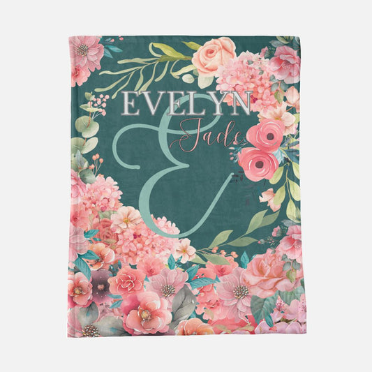 Minky Blanket Customized Name - Pink Roses Floral - 30" x 40"