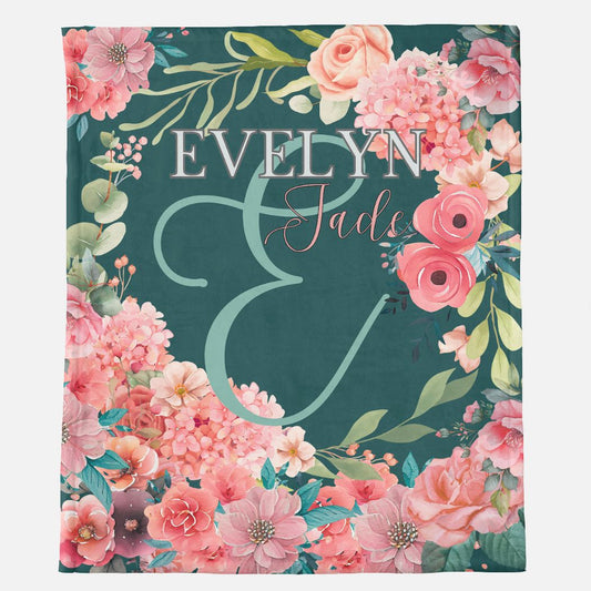 Minky Blanket Customized Name - Pink Roses Floral - 50" x 60"