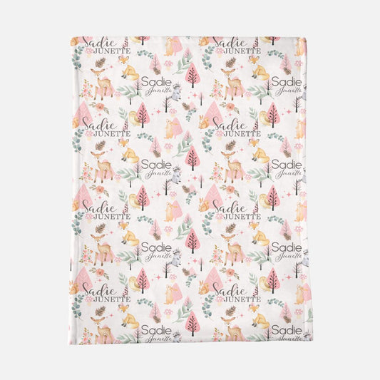 Minky Blanket Customized for Baby Girl - Pink Woodland Animals - 30" x 40"