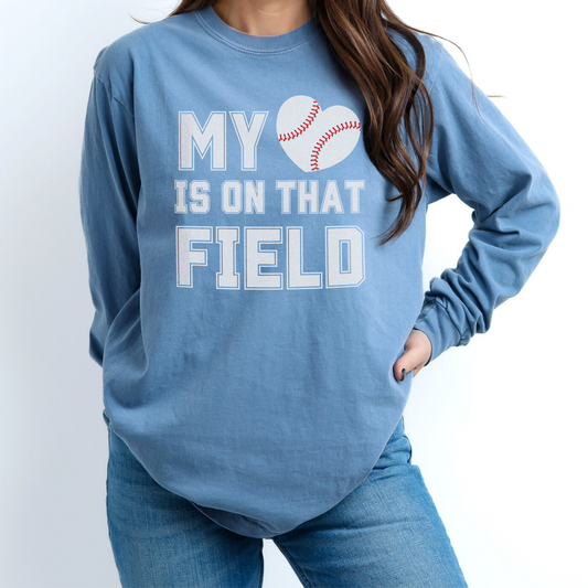 My Heart Is On That Field | Personalized Name | Comfort Colors Long Sleeve T-Shirt for Baseball Parent