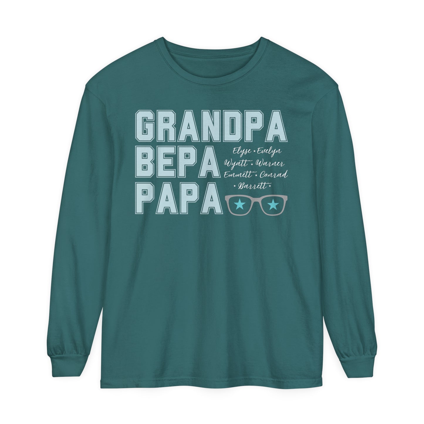 Personalized Grandpa Long Sleeve T-Shirt | Garment-Dyed Tee | Customized with Grandchildren's Names