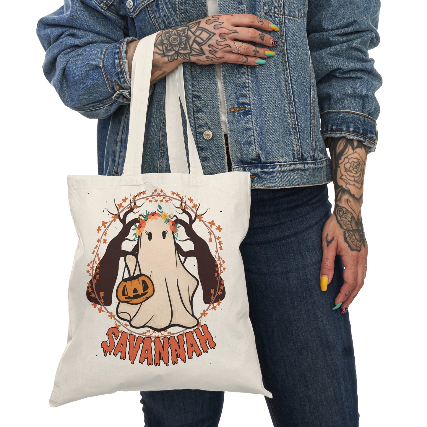 Personalized Halloween Treat Bag - Fall Ghost with Flower Crown