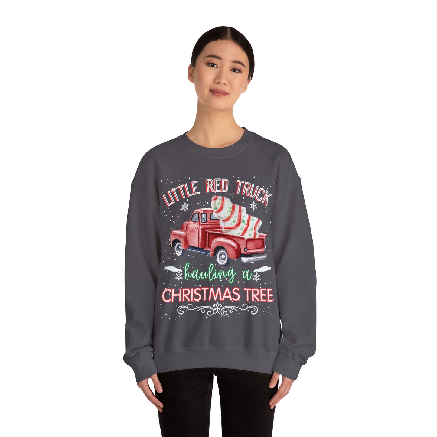 Christmas Truck Crewneck Sweatshirt - Little Red Truck Hauling a Christmas Tree