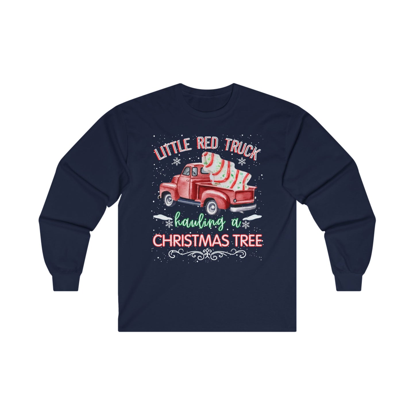 Christmas Truck Long Sleeve Tee - Little Red Truck Hauling a Christmas Tree