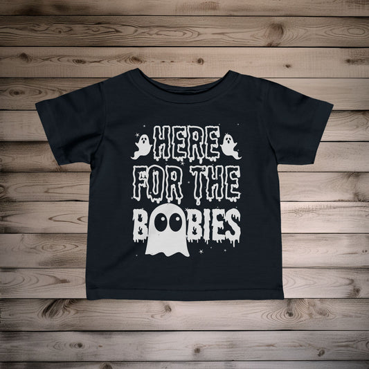 Here for the Boobies - Funny Breastfeeding Halloween T-shirt for Baby