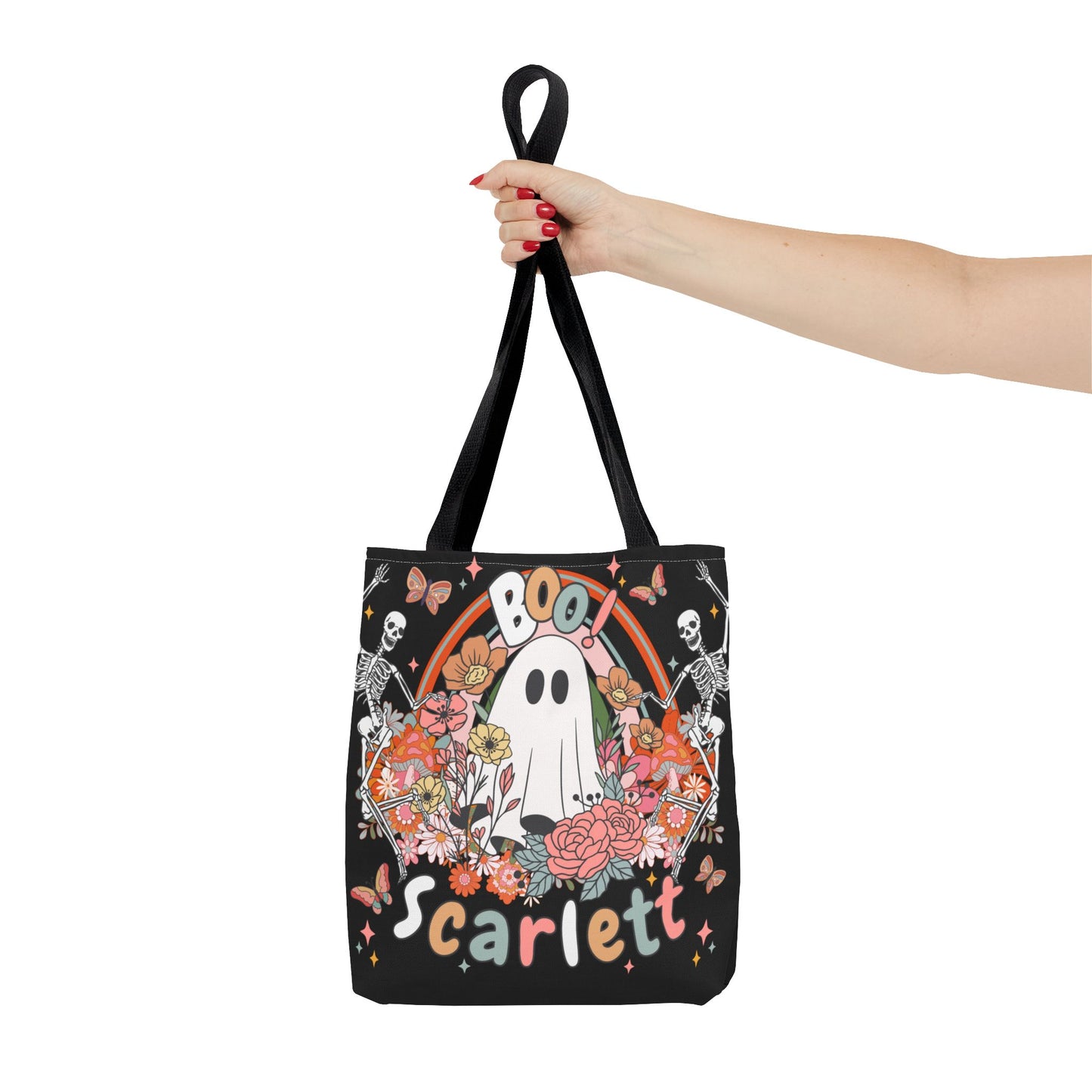 Personalized Name Halloween Treat Bag | Boho Ghost and Skeletons