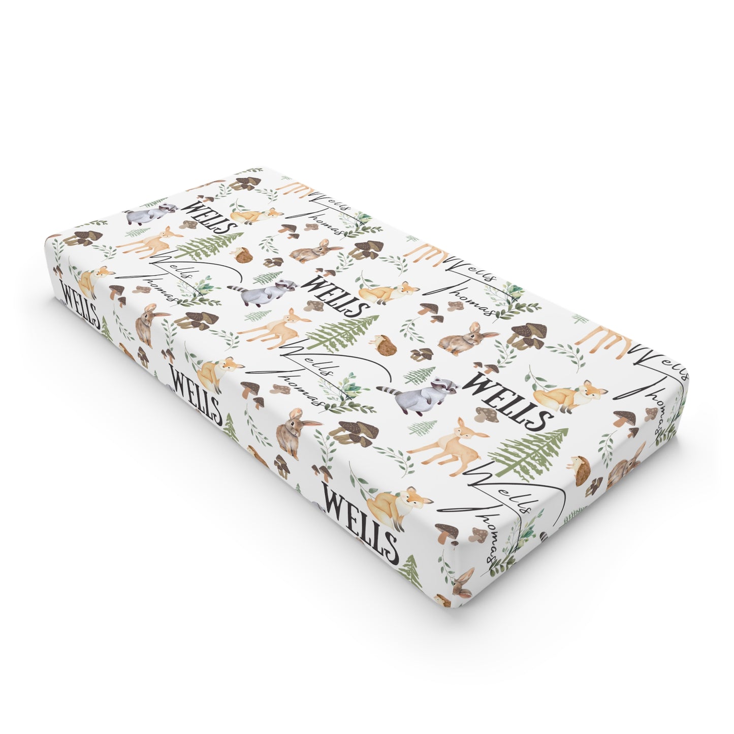 Customized Name Baby Changing Pad Cover | Woodland Animals with Brown Mushrooms