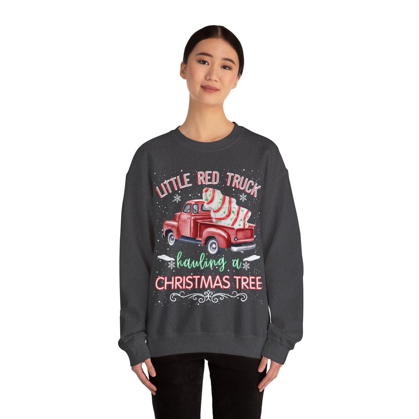 Christmas Truck Crewneck Sweatshirt - Little Red Truck Hauling a Christmas Tree