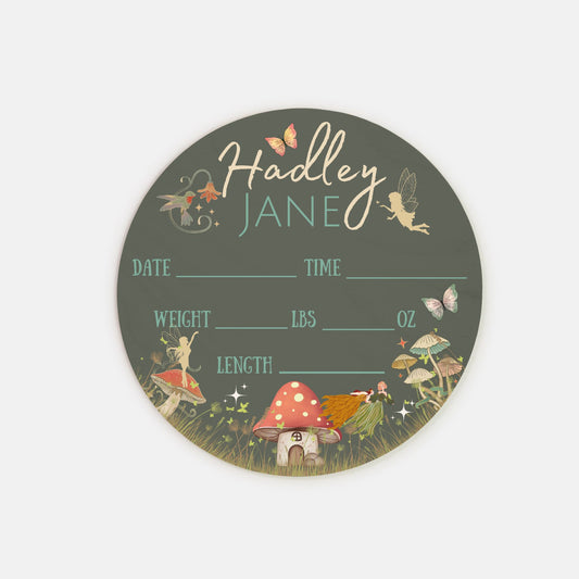 Birth Stats 8" Round Wood Sign - Woodland Fairy Name Sign - Personalized Newborn Announcement - Fairy Garden Nursery Sign