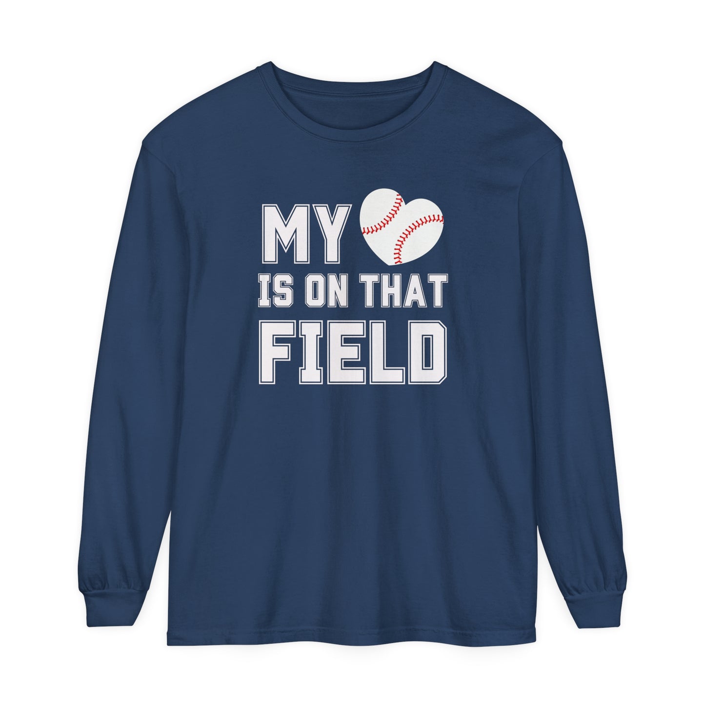 My Heart Is On That Field | Personalized Name | Comfort Colors Long Sleeve T-Shirt for Baseball Parent