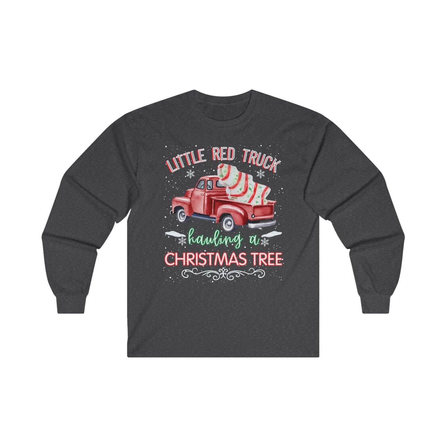 Christmas Truck Long Sleeve Tee - Little Red Truck Hauling a Christmas Tree