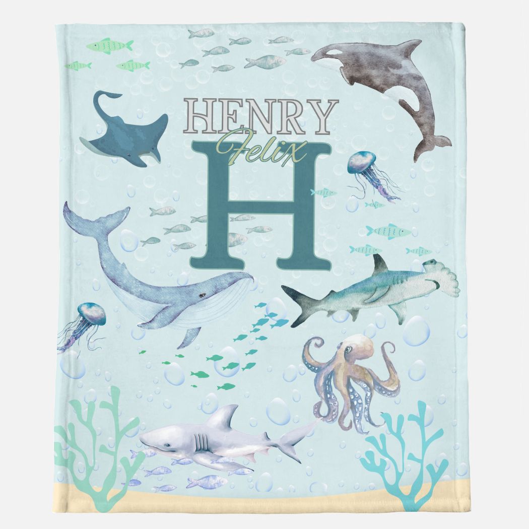 Minky Blanket Customized Name - Under The Sea Monogram Blanket - 50" x 60"