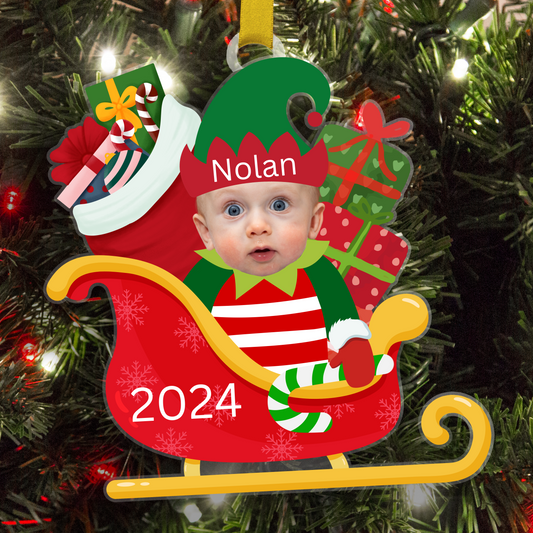 Personalized Face Christmas Ornament | Elf In Sleigh Custom Shape Acrylic Ornament