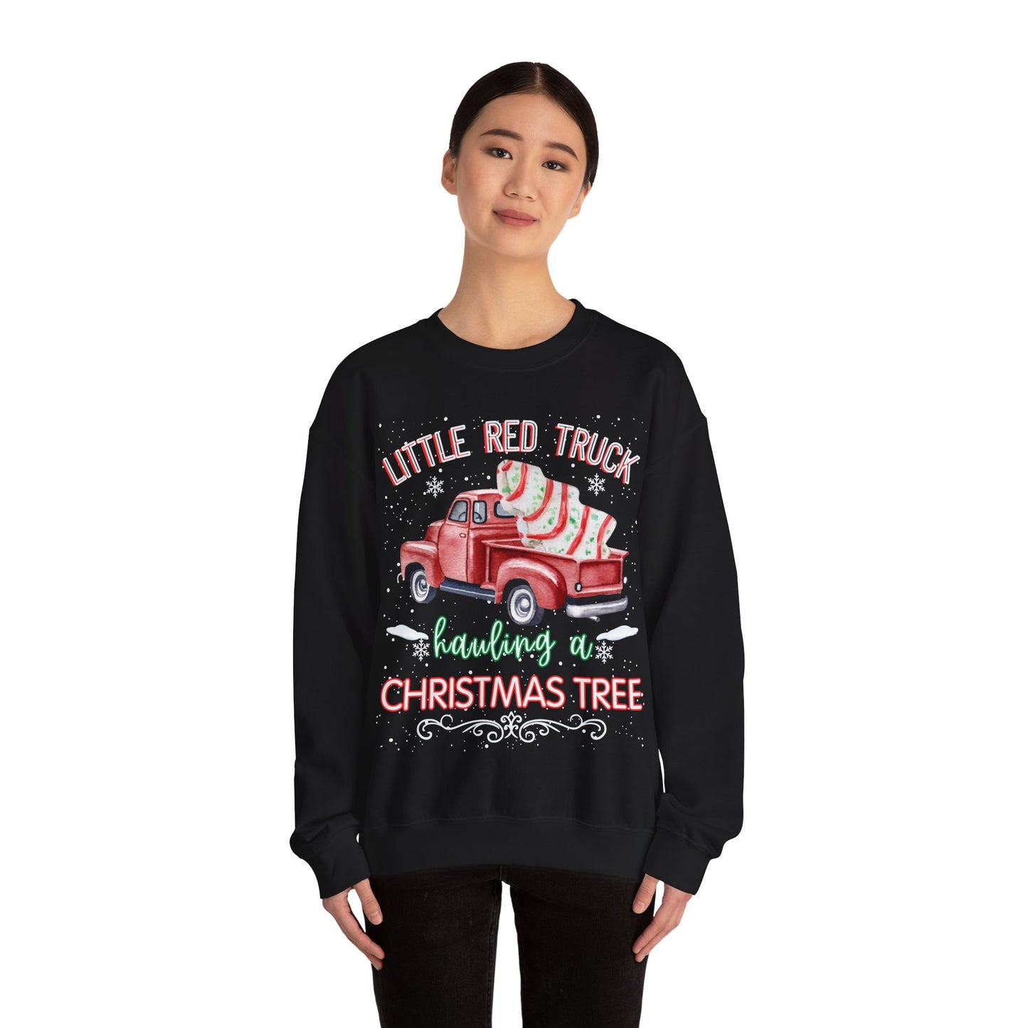 Christmas Truck Crewneck Sweatshirt - Little Red Truck Hauling a Christmas Tree