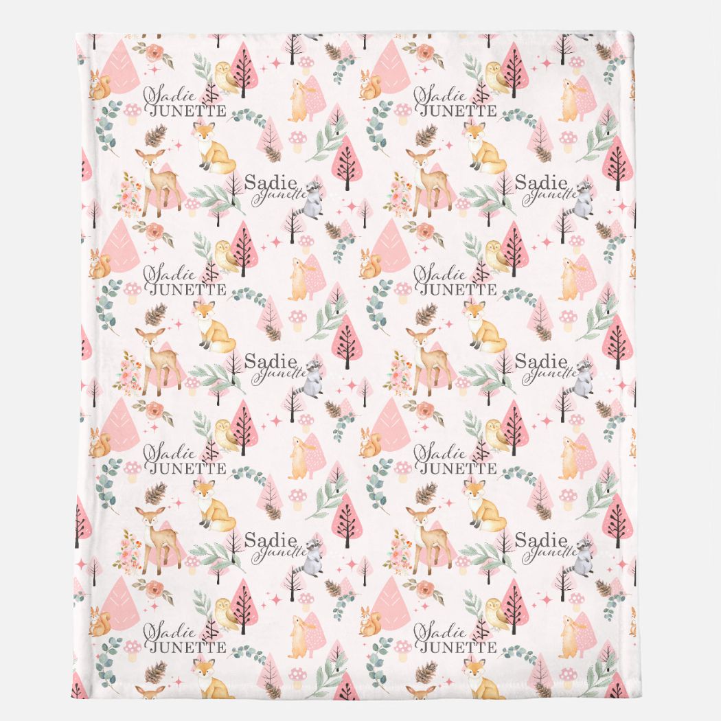 Minky Blanket for Baby Girl - Pink Woodland Animals - 50" x 60"