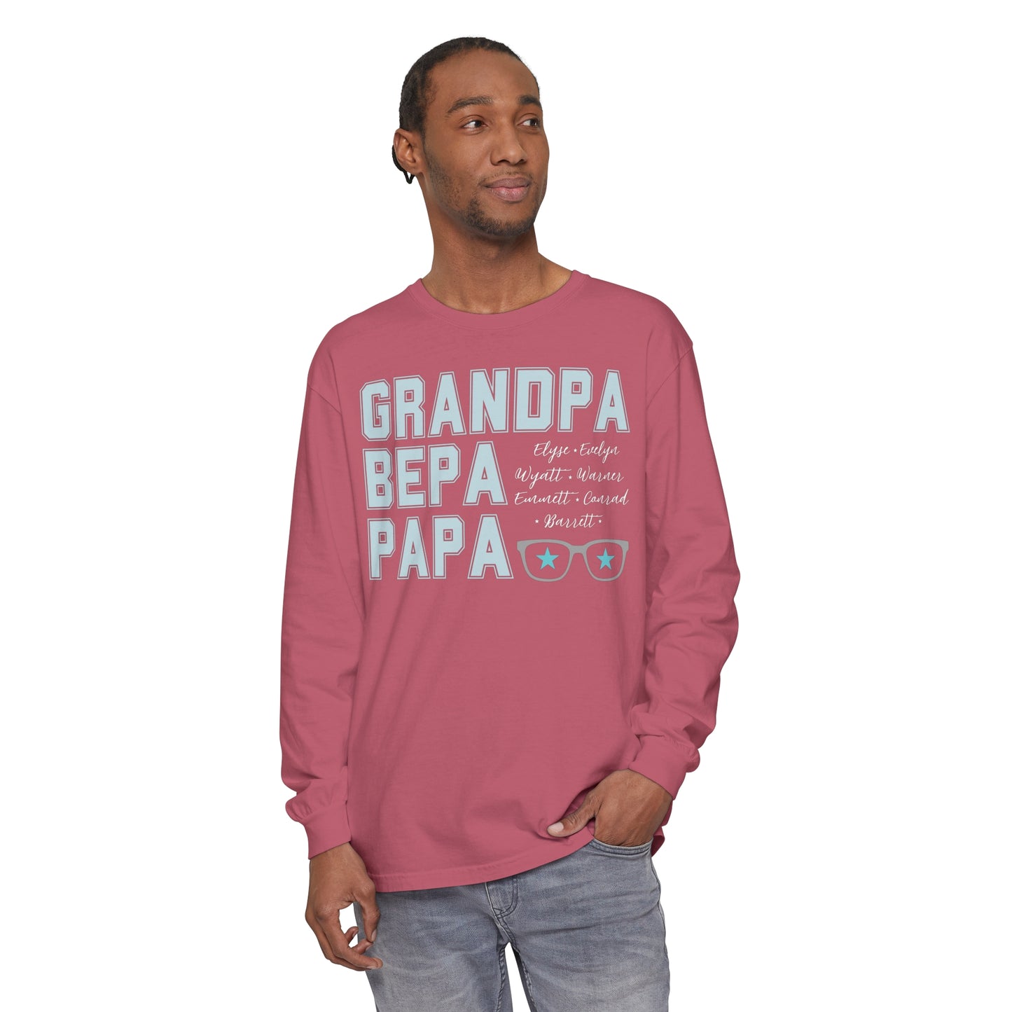 Personalized Grandpa Long Sleeve T-Shirt | Garment-Dyed Tee | Customized with Grandchildren's Names