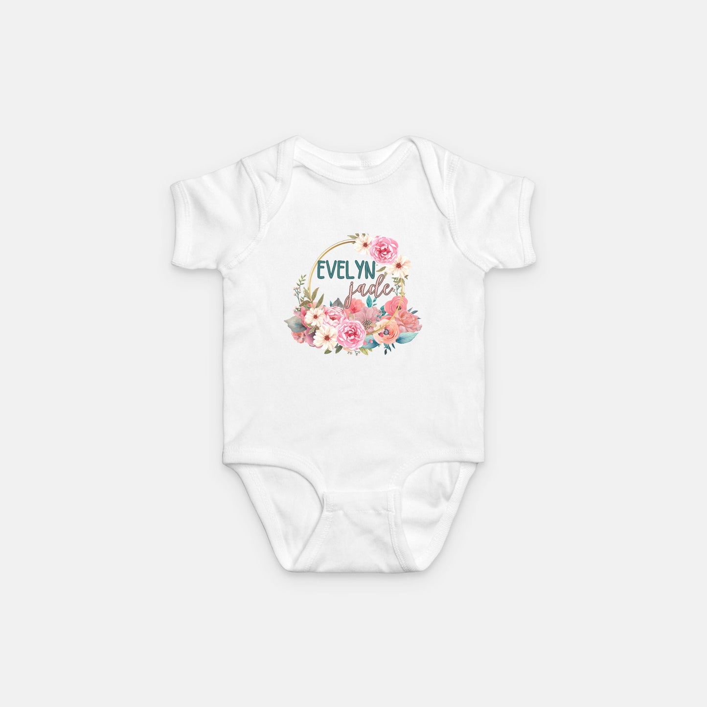 Pink Roses Floral - Customized Name One Piece Bodysuit
