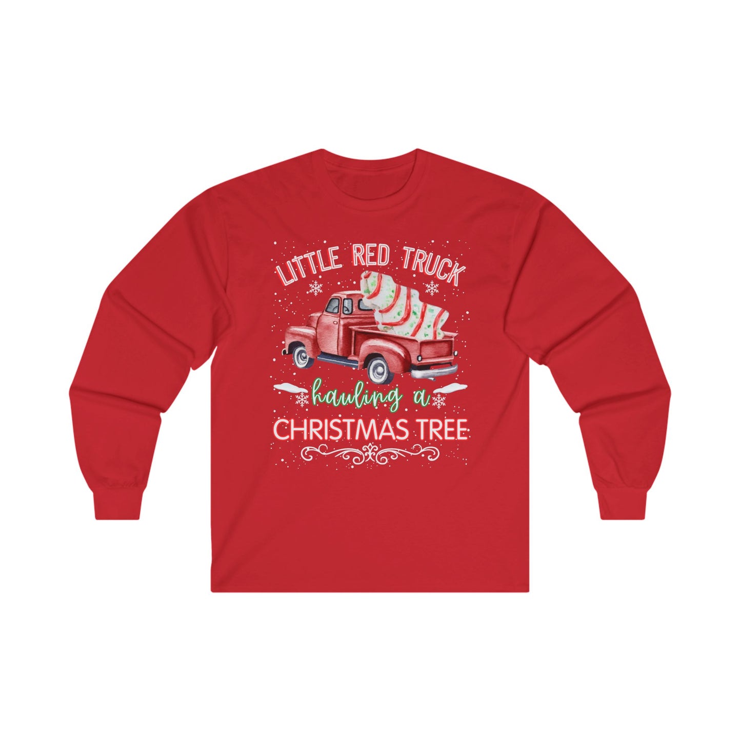 Christmas Truck Long Sleeve Tee - Little Red Truck Hauling a Christmas Tree