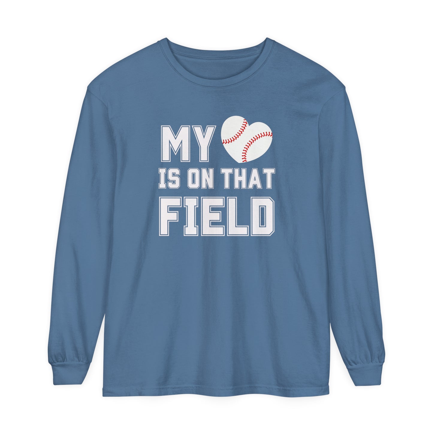 My Heart Is On That Field | Personalized Name | Comfort Colors Long Sleeve T-Shirt for Baseball Parent