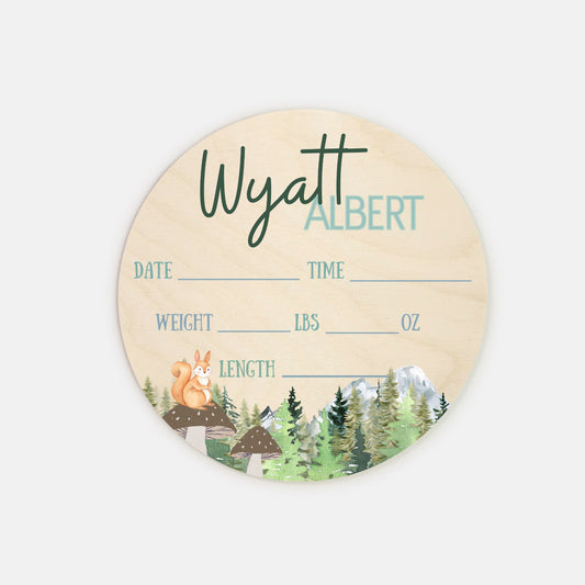 Birth Stats 8" Round Wood Sign - Gender Neutral Name Sign - Personalized Newborn Announcement - Boy Woodland Nursery Sign