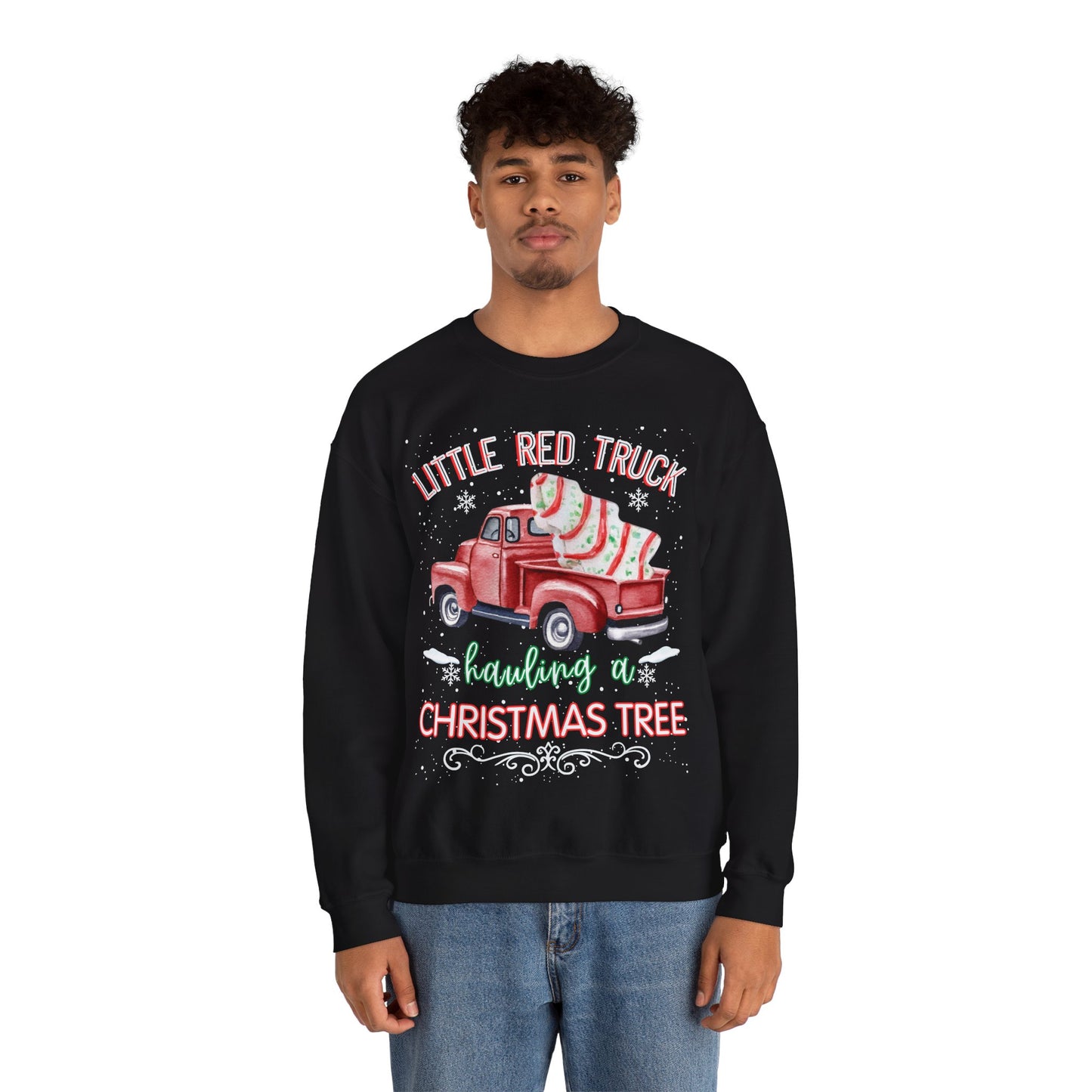 Christmas Truck Crewneck Sweatshirt - Little Red Truck Hauling a Christmas Tree