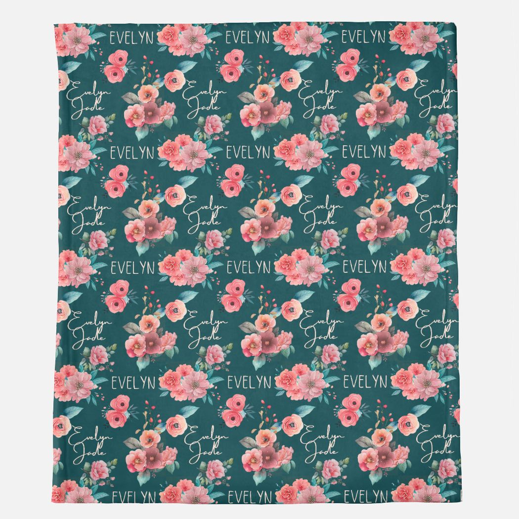 Customized Name Blanket - Pink and Teal Floral - Minky Blanket - 50" x 60"