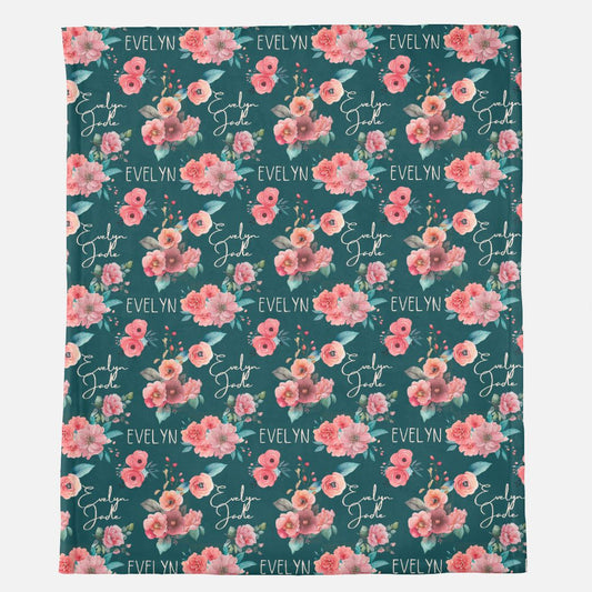 Customized Name Blanket - Pink and Teal Floral - Minky Blanket - 50" x 60"