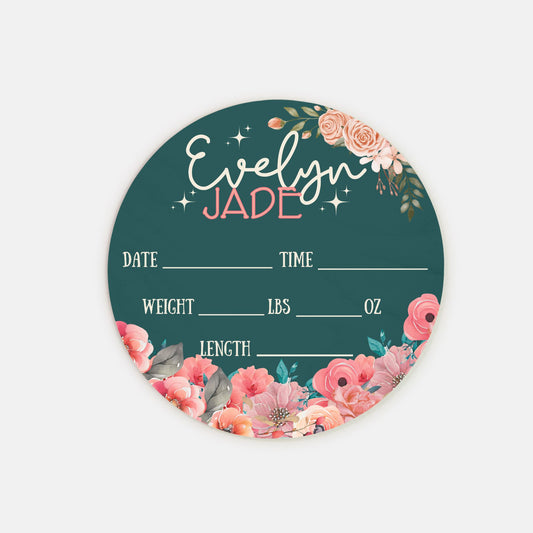 Birth Stats 8" Round Wood Sign - Floral Name Sign for Baby Girl - Personalized Newborn Announcement -