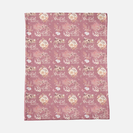 Mauve Floral Name Blanket - Minky Blanket - 30" x 40"
