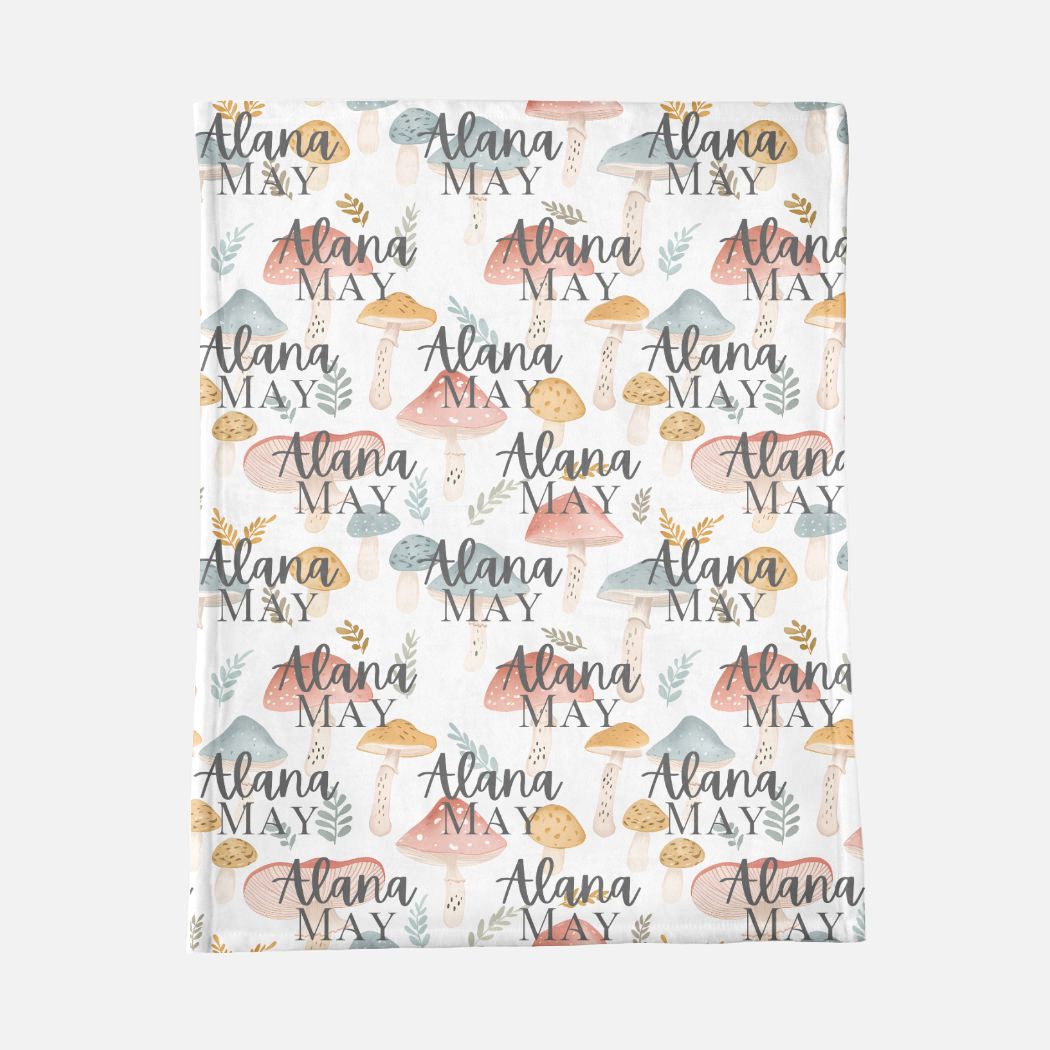 Minky Blanket Customized Name - Colorful Mushrooms - 30" x 40"