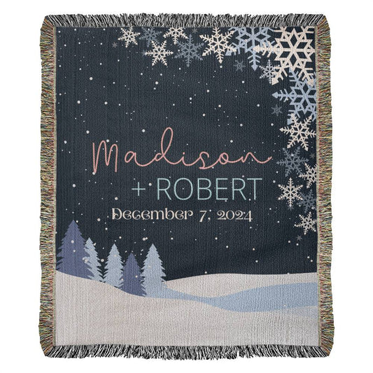 Personalized Blanket for Winter Wedding | Winter Night Landscape | Woven Blanket Wedding Gift