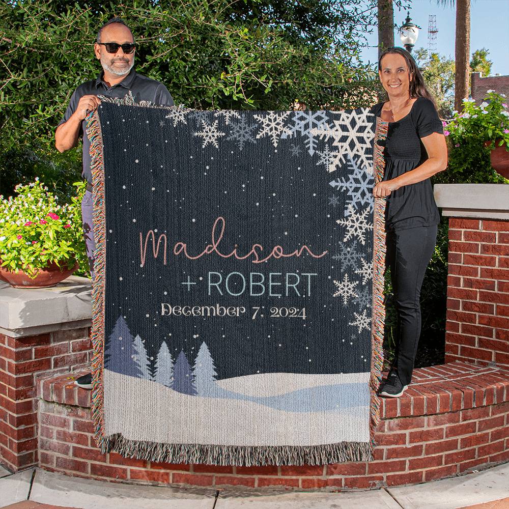 Personalized Blanket for Winter Wedding | Winter Night Landscape | Woven Blanket Wedding Gift