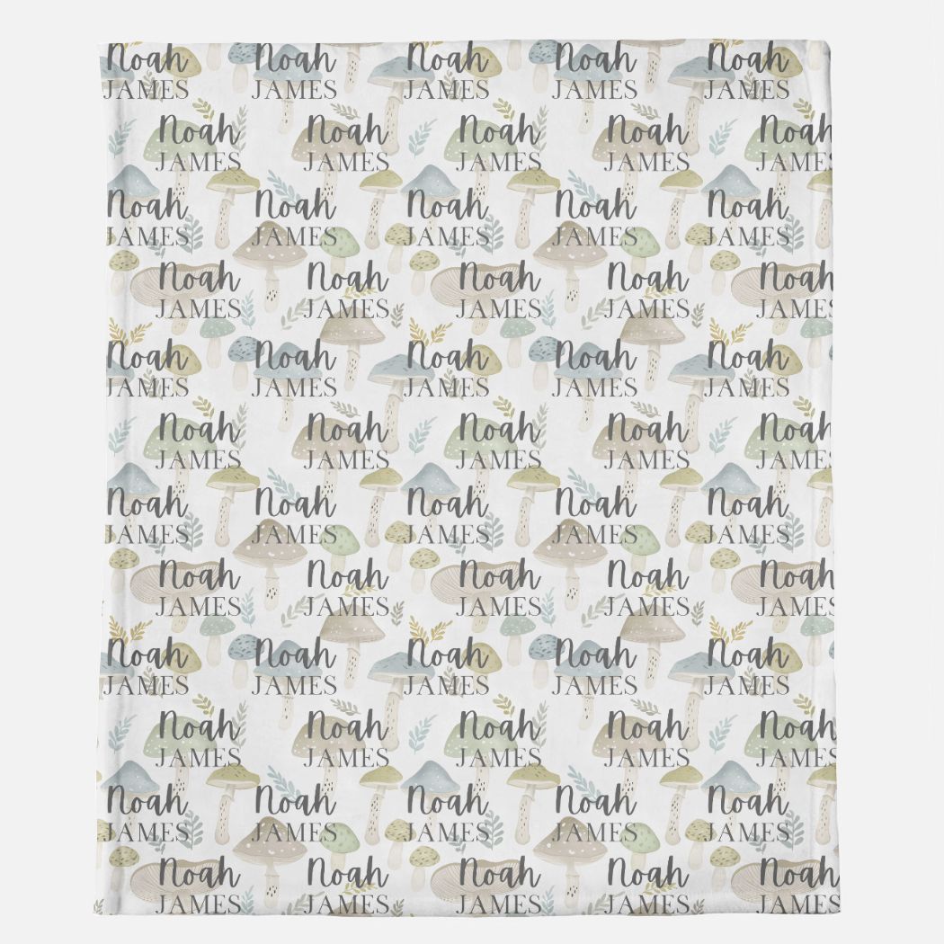 Minky Blanket Customized Name - Earthtone Mushrooms - 50" x 60"