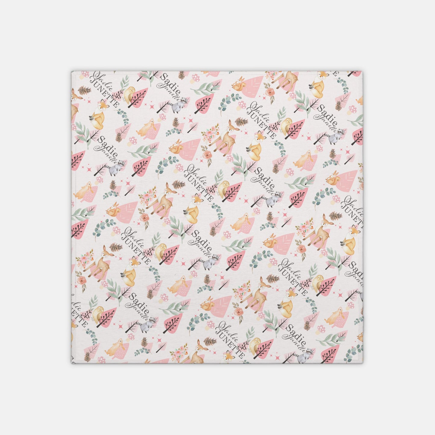 Swaddle Blanket with Customized Name - Pink Woodland Animals - 42" x 42"