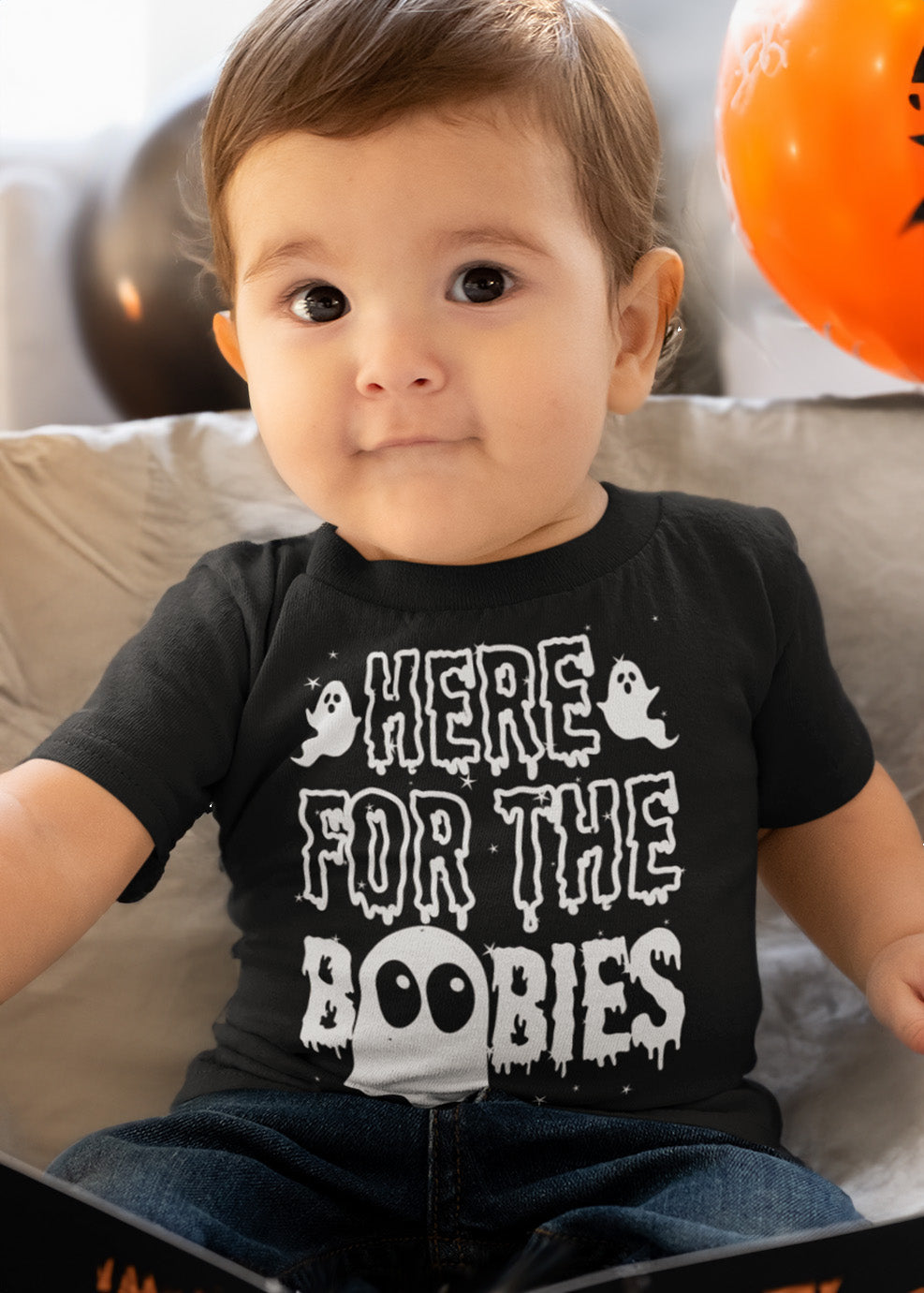 Here for the Boobies - Funny Breastfeeding Halloween T-shirt for Baby